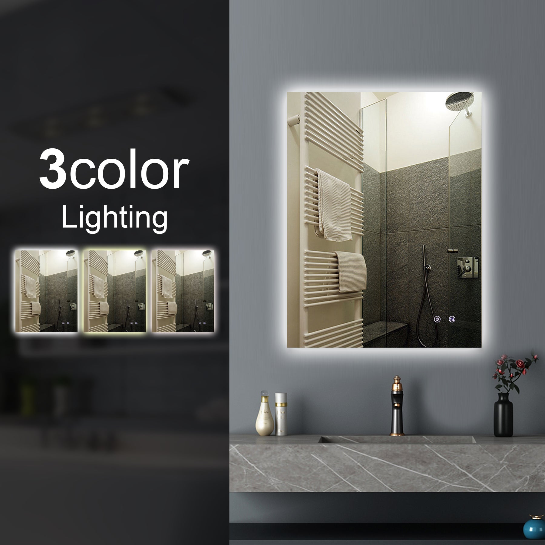 MIRROR | Rectangle 3 color Backlit LED Mirror 600X750mm Touch Sensor defogger