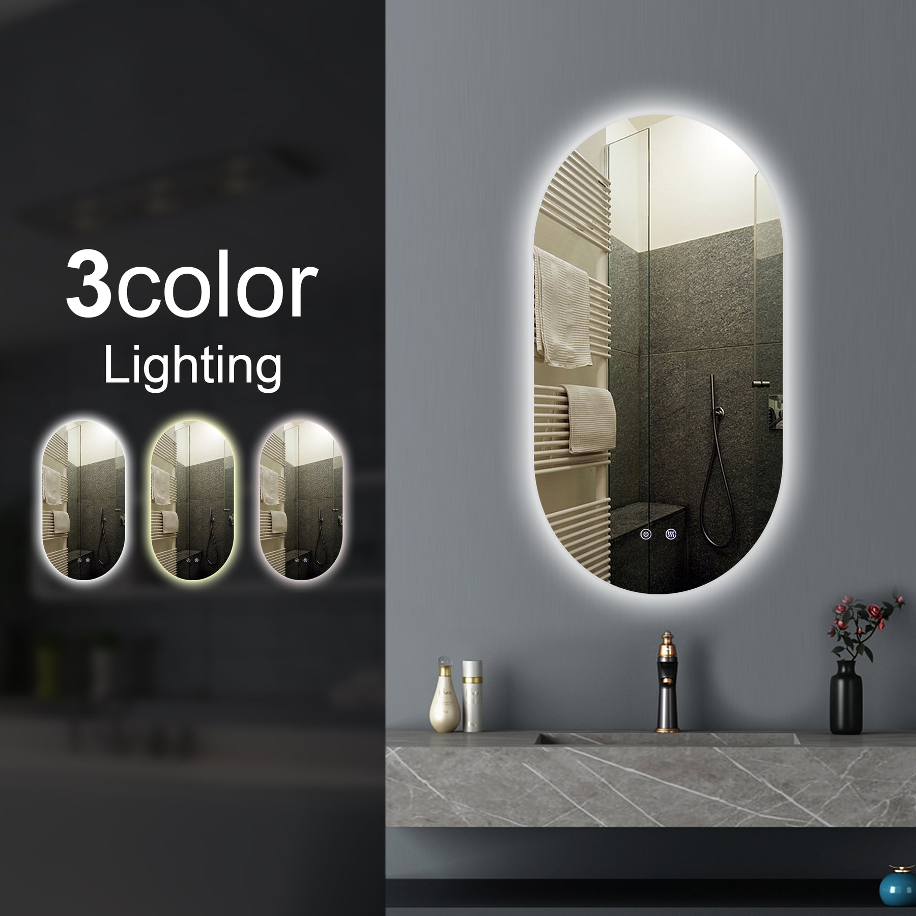 MIRROR | Oval 3 color Backlit LED Mirror 450x900mm Touch Sensor Defogger