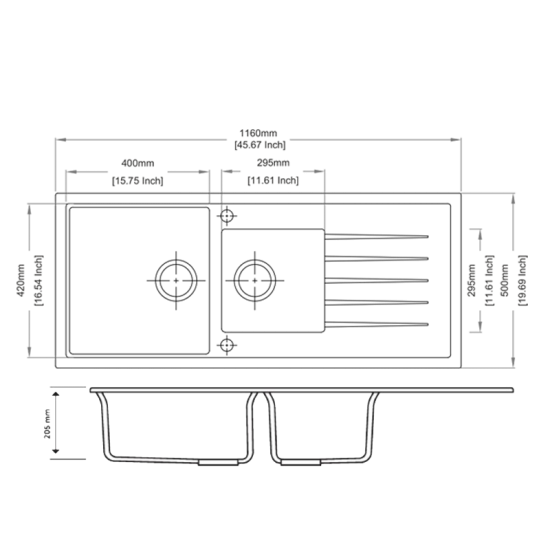 SINK |  1160 x 500 x 205mm Carysil  I and A Half Bowl With Drainer Board Granite Kitchen Sink Top/Flush/Under Mount