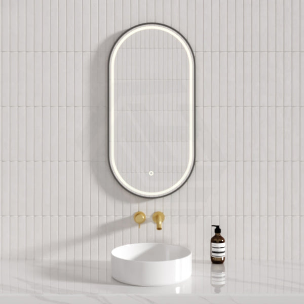 MIRROR | Oval Aluminium Framed 3 Color Frontlit LED Mirror Touch Sensor Defogger 500x1000mm