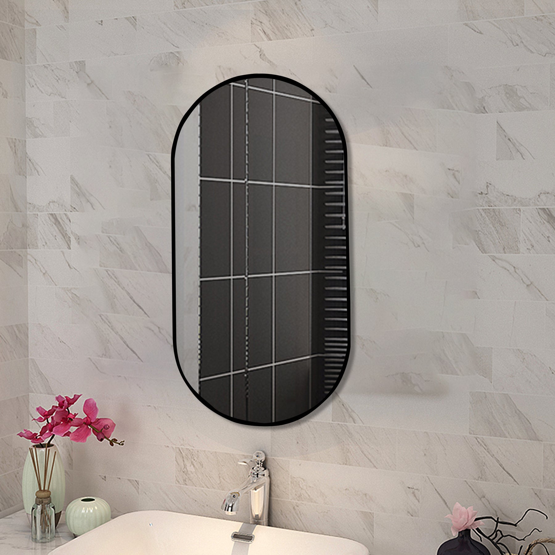MIRROR | Oval Non-Luminous Aluminium Black Frame Mirror 450mm 600mm