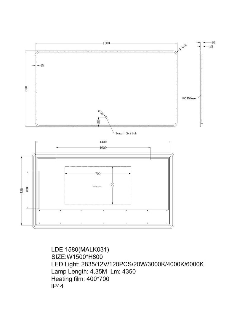 MIRROR | Retangle 3 color Backlit LED Mirror Touch Sensor Defogger 1200mm 1500mm