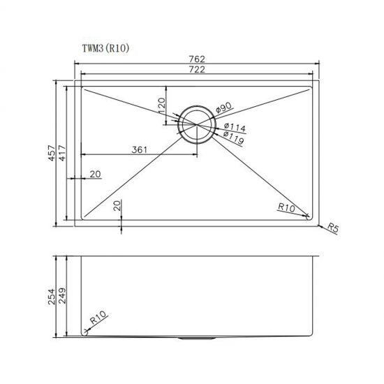 Sink  |  762x457x254mm 1.2mm Handmade Single Bowl Top/Undermount Kitchen/Laundry Sink