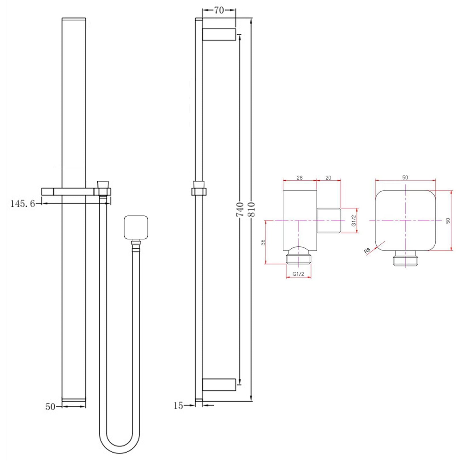 SHOWER ARM | Square Wall Mounted Sliding Rail with Water Hose & Wall Connector Only