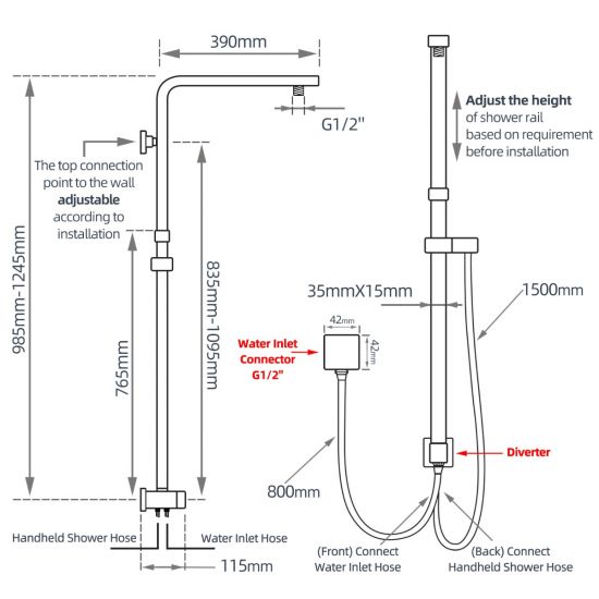 SHOWER ARM | Square Shower Station without Shower Head and Handheld Shower