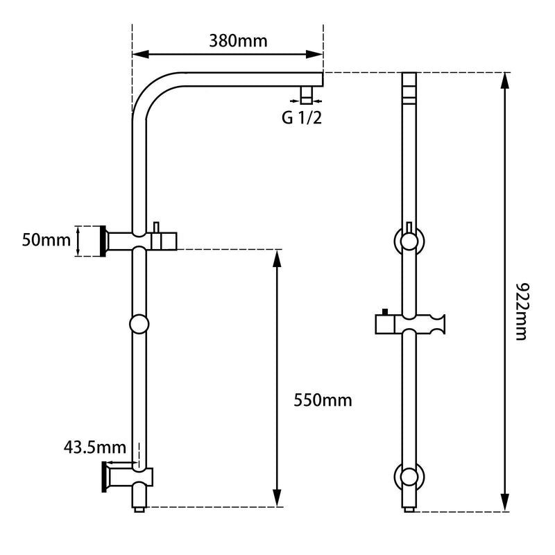 SHOWER ARM | RIGHT ANGLE ROUND CHROME TOP INLET SHOWER RAIL