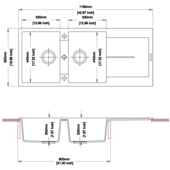 SINK |  1160 x 500 x 200mm Carysil Double Bowl with Drainer Board Granite Kitchen Sink Top Mount