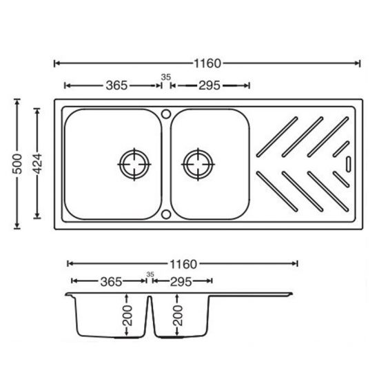 SINK | Granite Quartz Stone 1 and 1/4 Kitchen Sink Double Bowls Drainboard Topmount