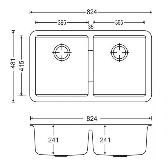 SINK | 824 x 481 x 241mm Carysil Black Double Bowls Granite Undermount Kitchen Sink