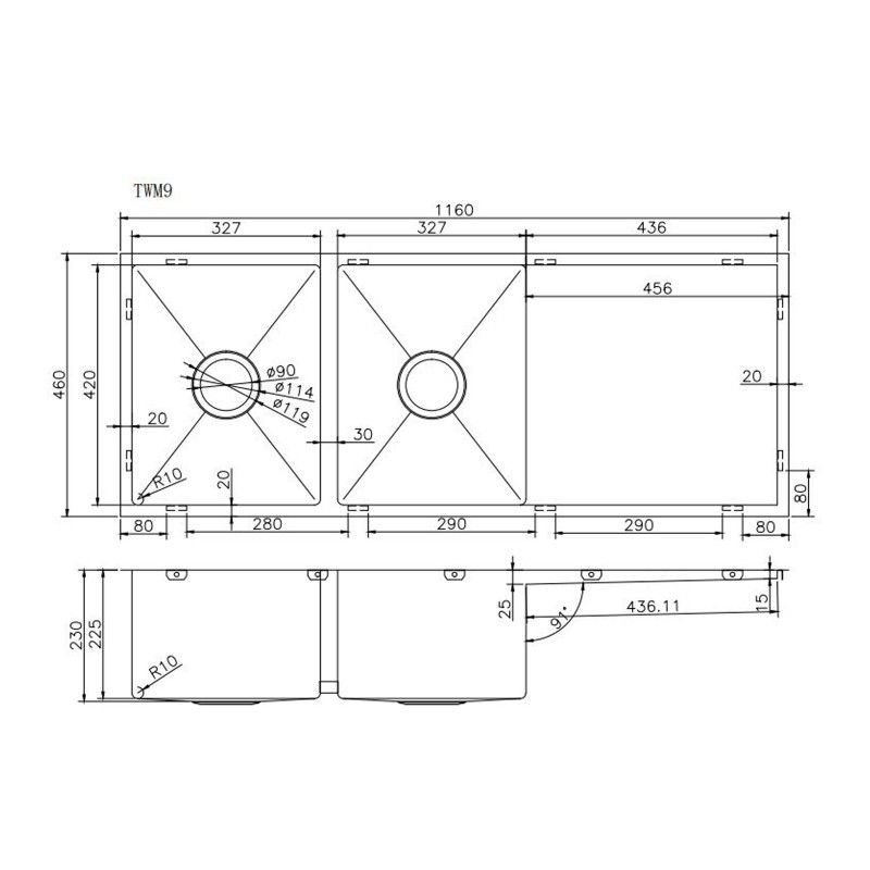 SINK |  304 Stainless Steel PVD Coating Double Bowl Kitchen Sink with Drainer(Round Edges,with Bottom Tray)1160*460*230mm