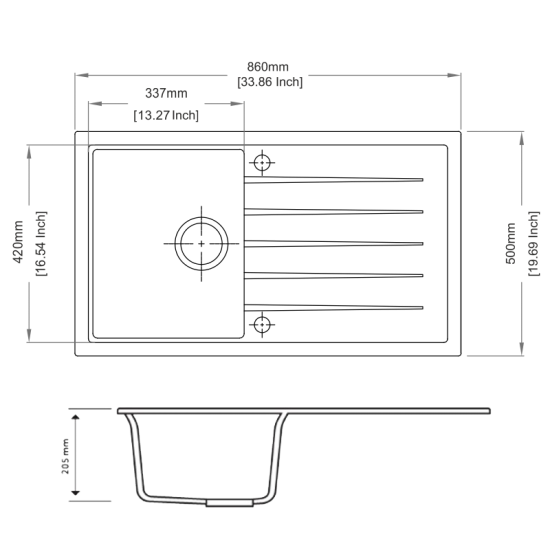 SINK |  860 x 500 x 205mm Carysil Single Bowl With Drainer Board Granite Kitchen Sink Top/Flush/Under Mount