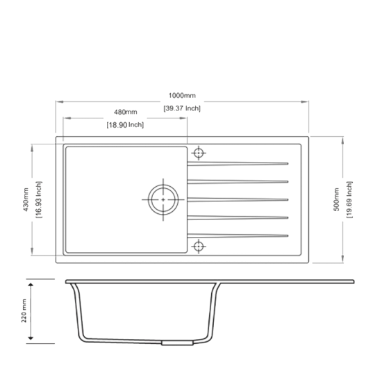 SINK  |  1000 x 500 x 220mm Carysil Single Bowl With Drainer Board Granite Kitchen Sink Top/Flush/Under Mount