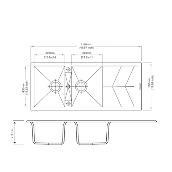 SINK |  1160 x 500 x 210mm Carysil Double Bowl Drainer Board Granite Kitchen Sink Top/Flush/Under Mount