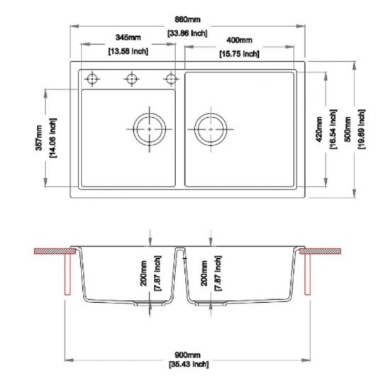 SINK |  860 x 500 x 205mm Carysil Double Bowl Granite Kitchen Sink Top/Flush/Under Mount