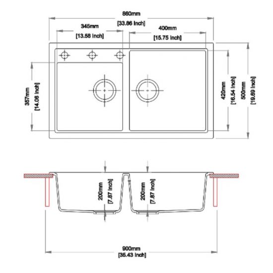 SINK |  860 x 500 x 205mm Carysil Double Bowl Granite Kitchen Sink Top/Flush/Under Mount