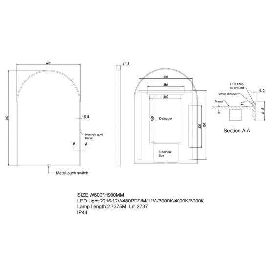 MIRROR | Arch Framed 3 Color Mirror 600X900mm Touch Sensor Black Gold