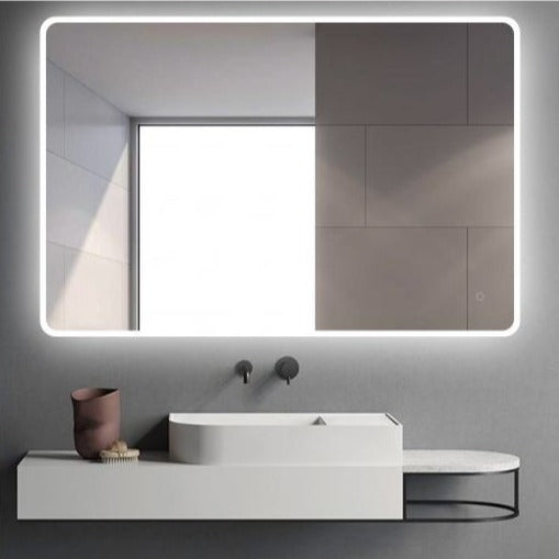 MIRROR | Curved Rim Rectangle Backlit 3 Color LED Mirror Touch Sensor Switch Acrylic
