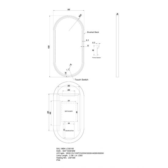 MIRROR | Oval Aluminium Framed 3 Color Frontlit LED Mirror Touch Sensor Defogger 500x1000mm